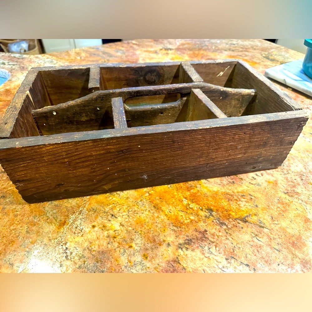 Large Handmade Primitive Rustic Divided Wood Tool Caddy Carrier Vintage Box OOAK